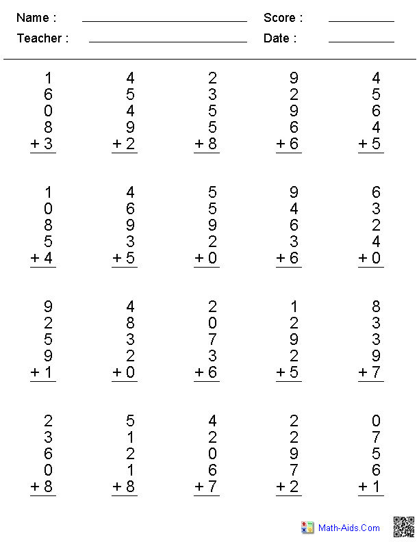 1 to 4 Digits Addition Worksheets